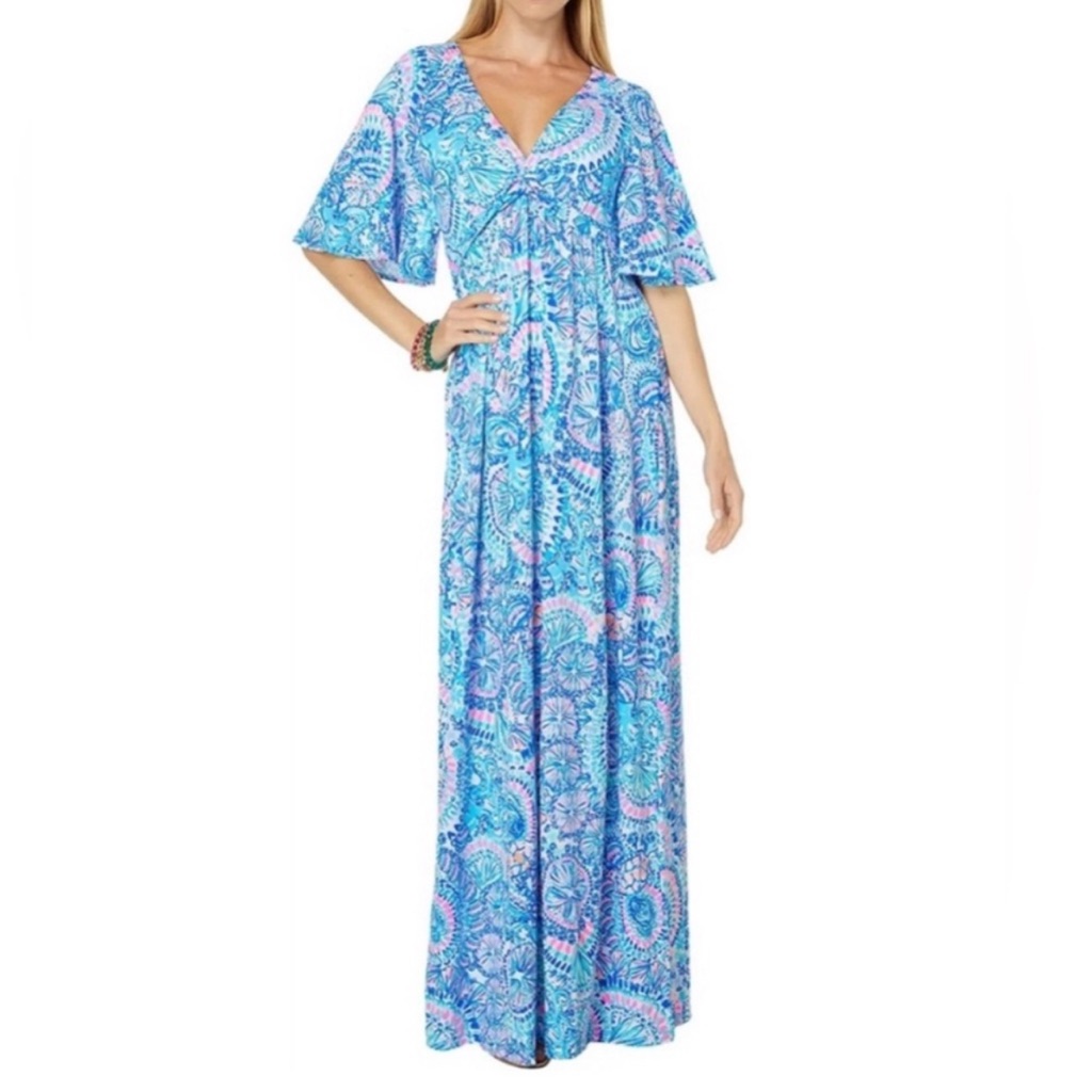 Nwt Lilly Pulitzer Minka Sleeved Maxi Blue Grotto. Commotion In The Ocean Sz 12